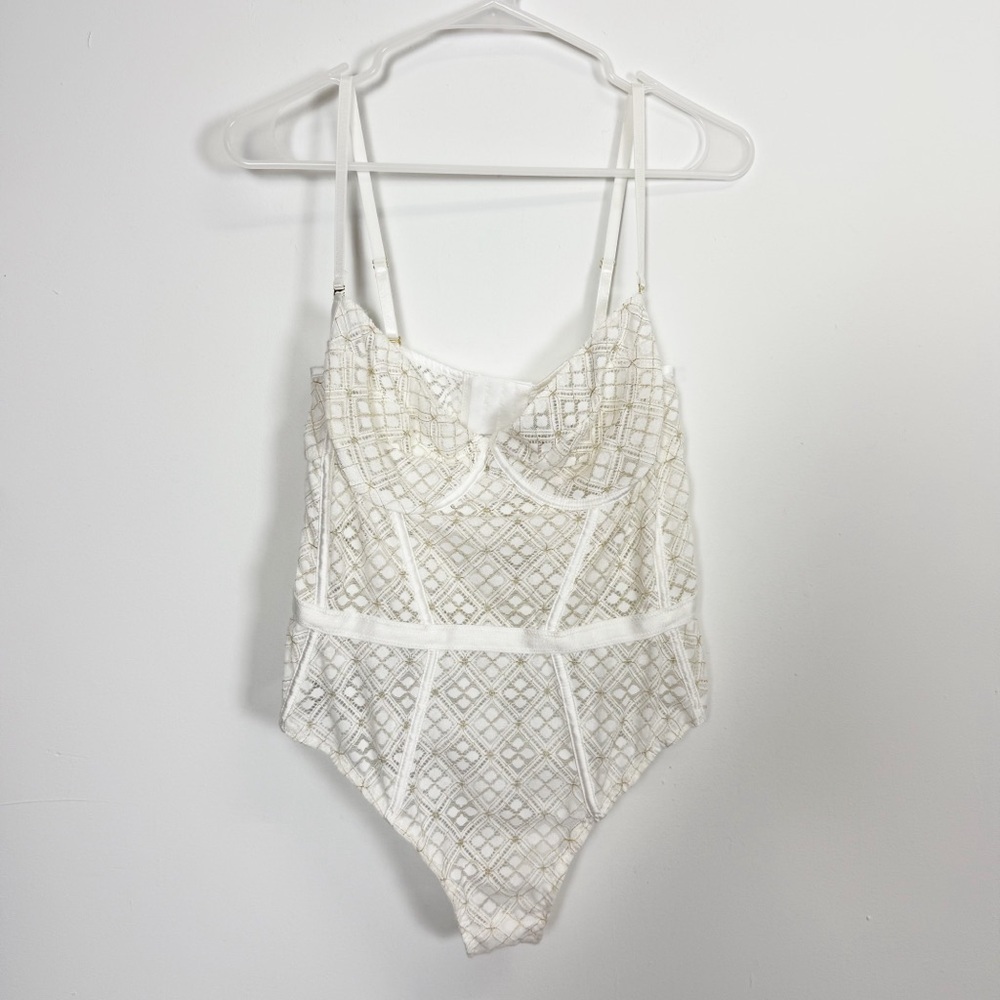 Kilo Brava Lace Bodysuit Womens Large White Gold Sheer Lingerie NWOT NEW